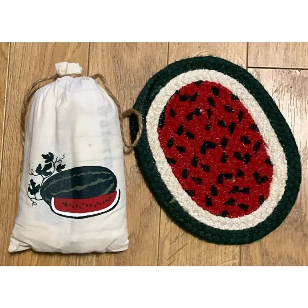 NEW 3 Pc Set Watermelon Kitchen 2 Tea Towels 1 Natural Woven Oval Hot Pad